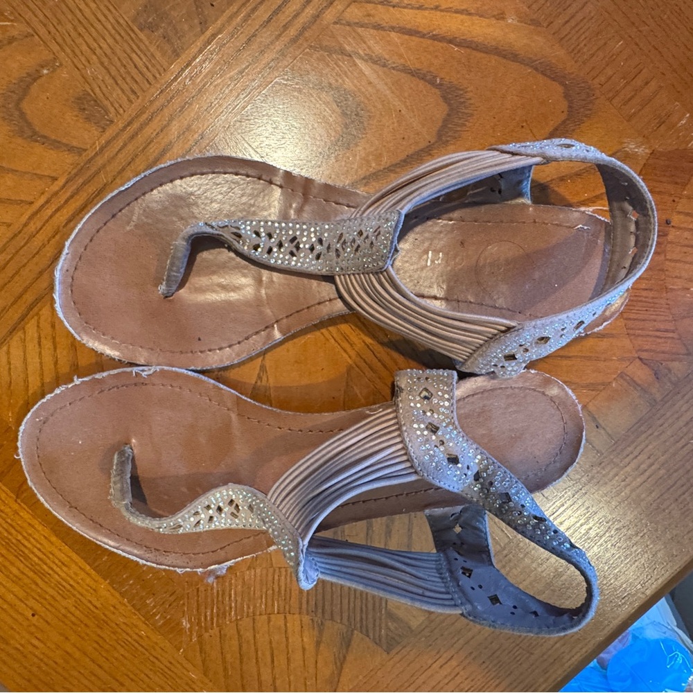 Women's Taupe Rhinestone T-Strap Sandals